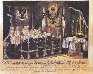 S. Majestät Franz I. Kaiser von Österreich auf dem Paradebett, kolorierte Lithographie, 1835